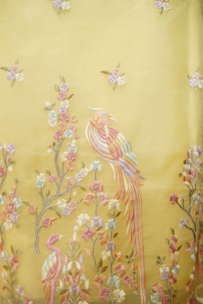 Yellow Silk Organza Suit with Parsi Embroidery