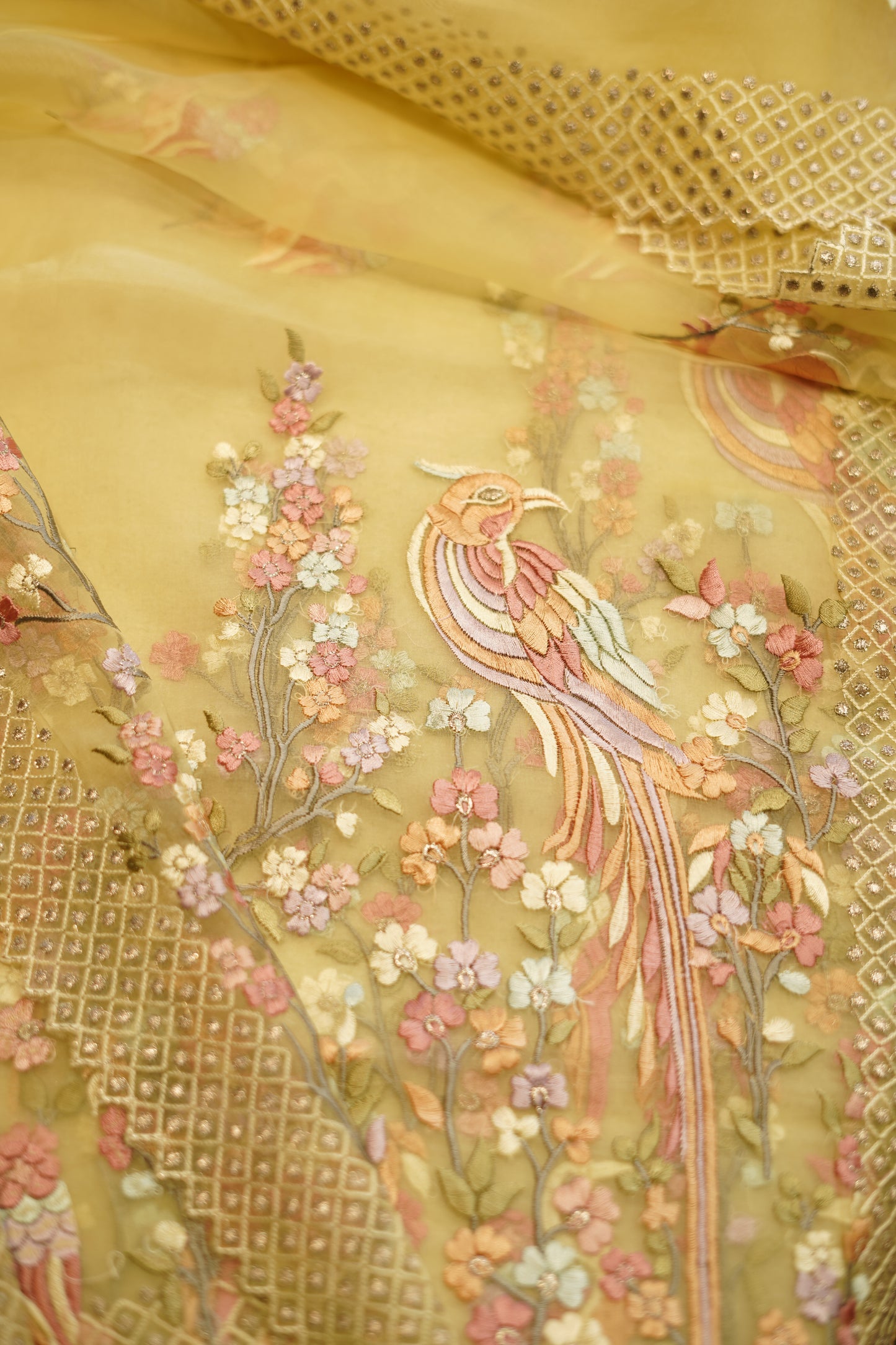 Yellow Silk Organza Suit with Parsi Embroidery