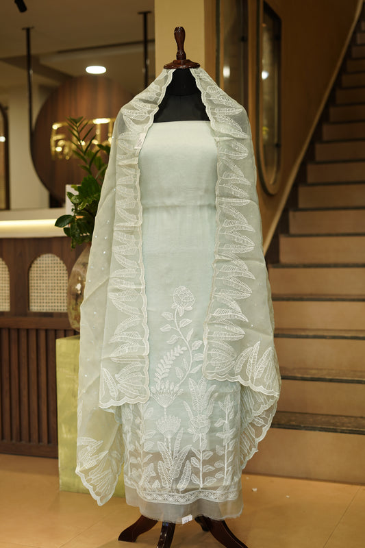 Sea Green Pure Silk Organza Suit with Embroidery