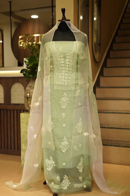 Green Pure Silk Organza Suit with Lakhnavi Work