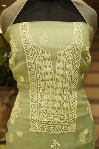 Green Pure Silk Organza Suit with Lakhnavi Work