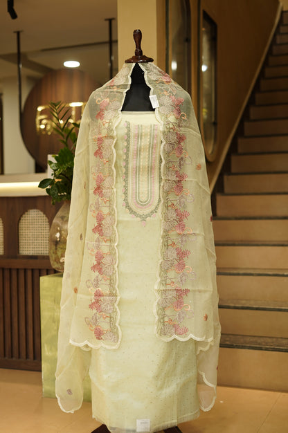 Green Pure Silk Organza Suit with Mukaish Work and Embroidery