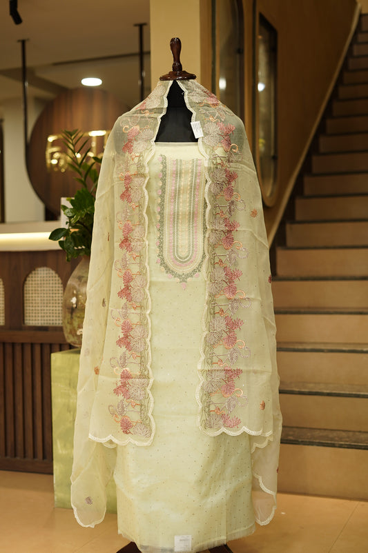 Green Pure Silk Organza Suit with Mukaish Work and Embroidery