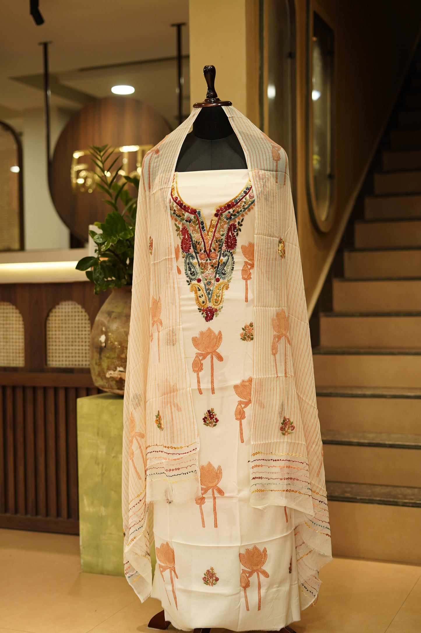 Cream Chinon Block Printed Suit with Hand Embroidery