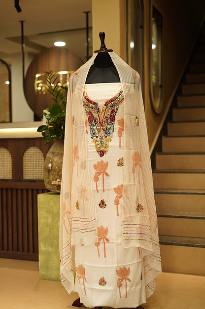 Cream Chinon Block Printed Suit with Hand Embroidery