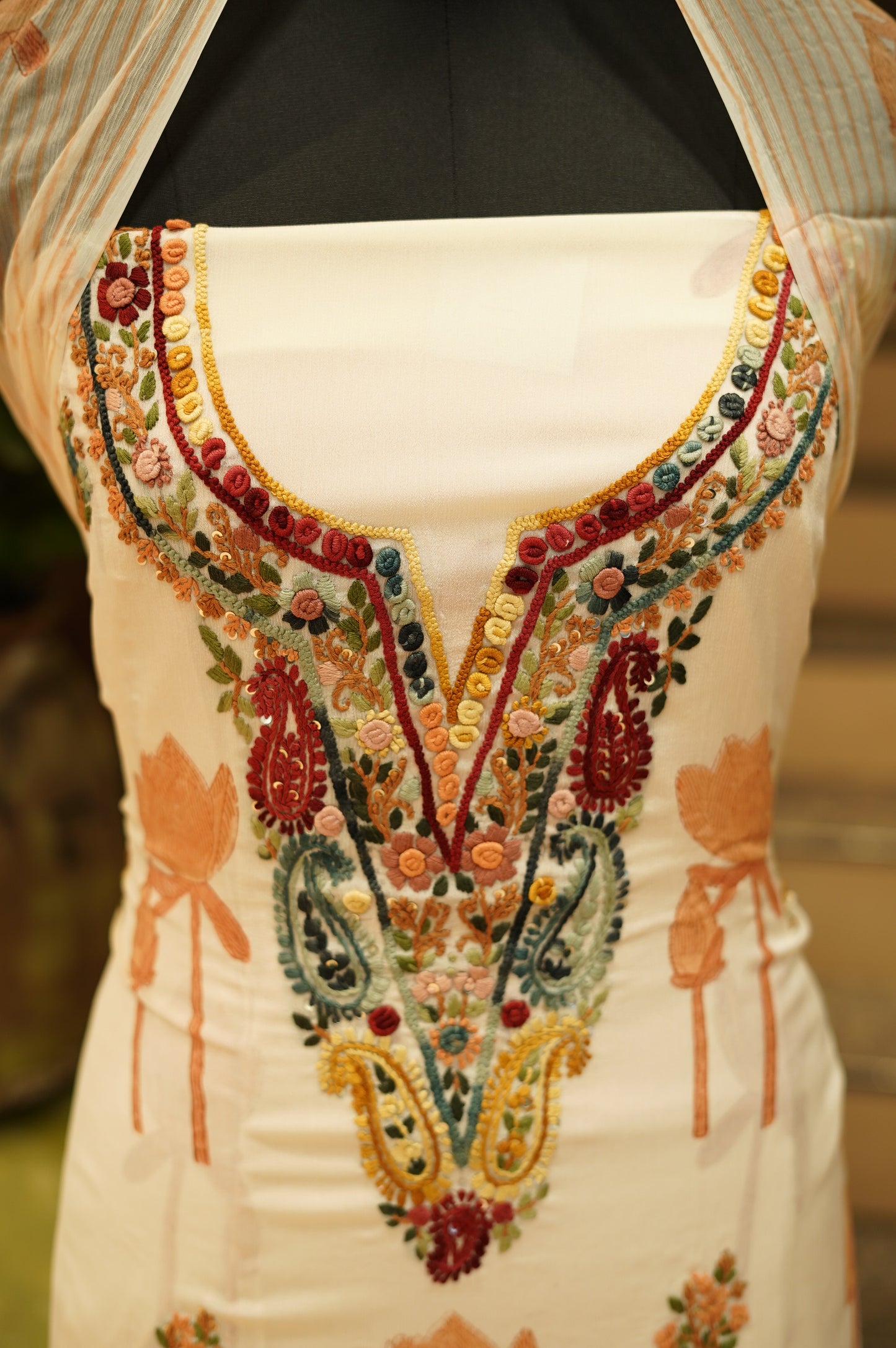 Cream Chinon Block Printed Suit with Hand Embroidery