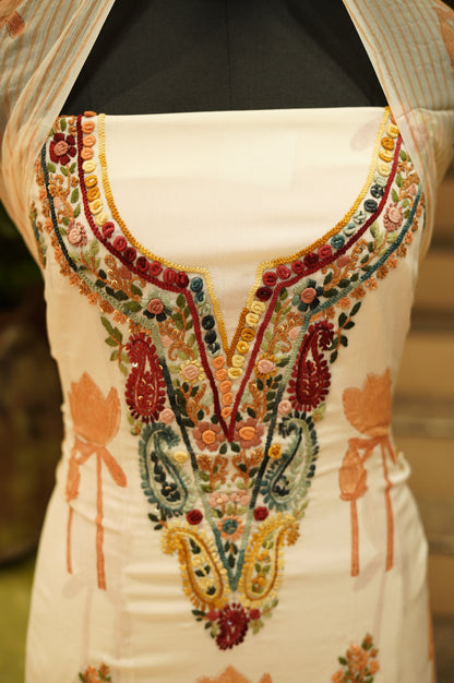 Cream Chinon Block Printed Suit with Hand Embroidery