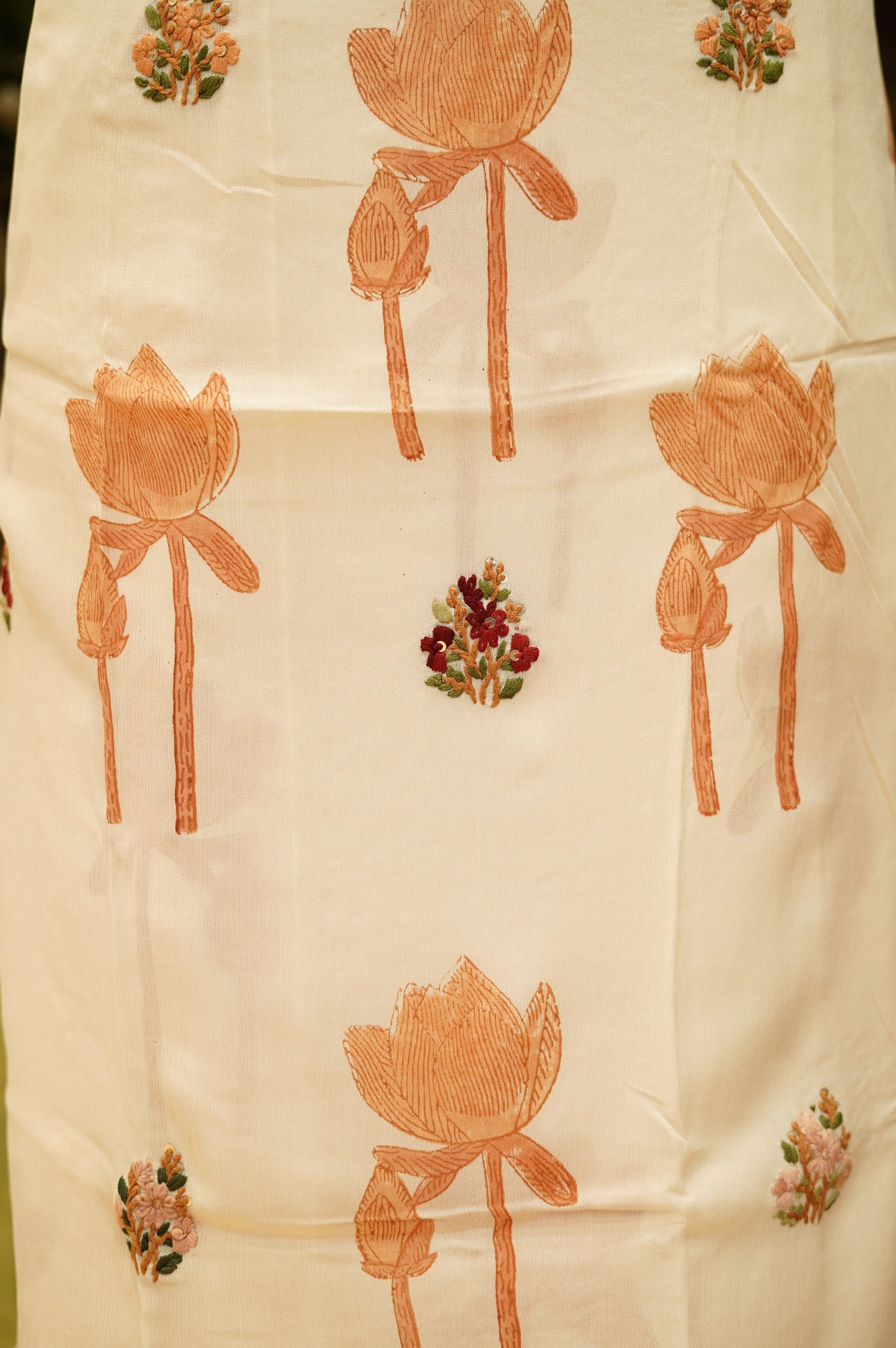 Cream Chinon Block Printed Suit with Hand Embroidery