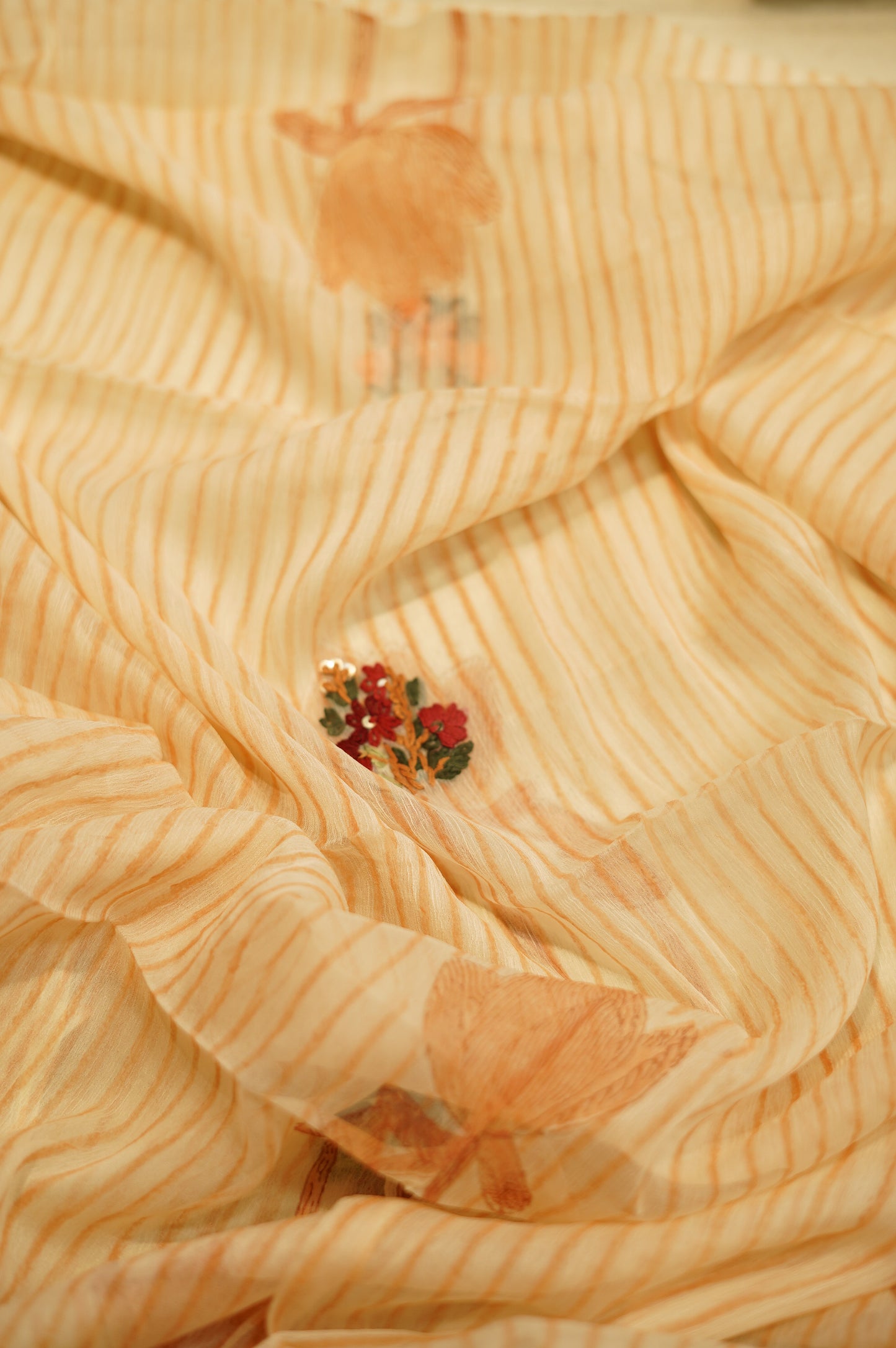 Cream Chinon Block Printed Suit with Hand Embroidery