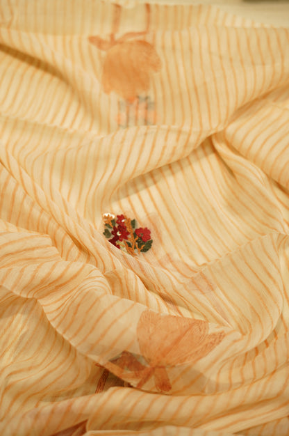 Cream Chinon Block Printed Suit with Hand Embroidery