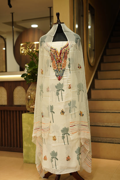 Cream Chinon Block Printed Suit with Hand Embroidery