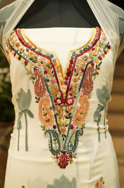 Cream Chinon Block Printed Suit with Hand Embroidery