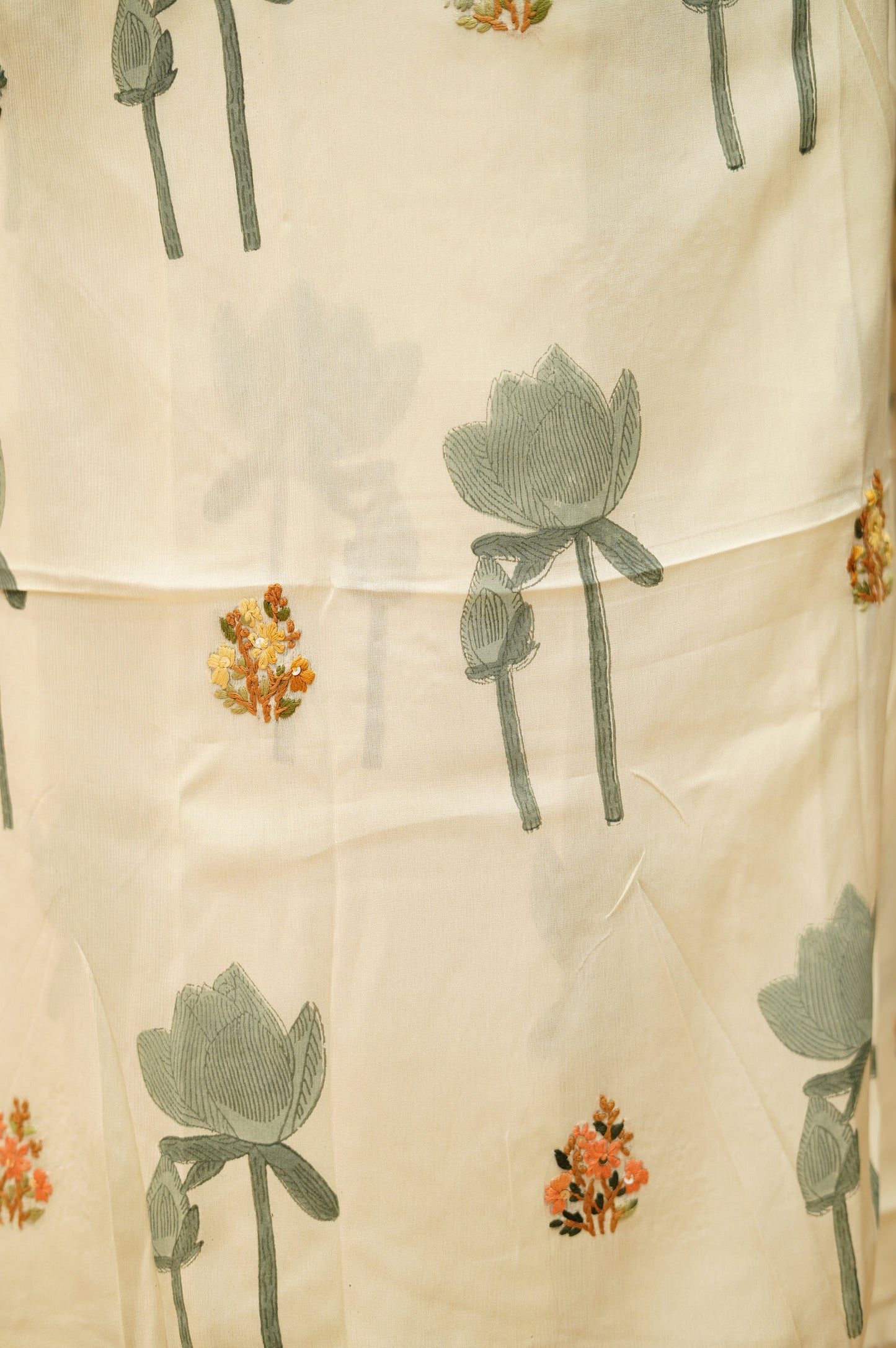 Cream Chinon Block Printed Suit with Hand Embroidery