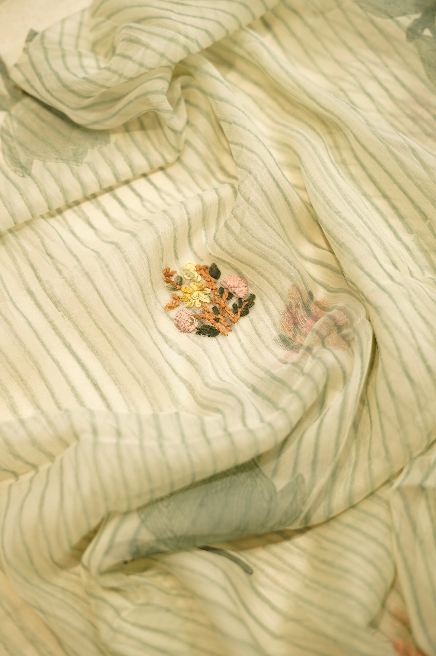 Cream Chinon Block Printed Suit with Hand Embroidery