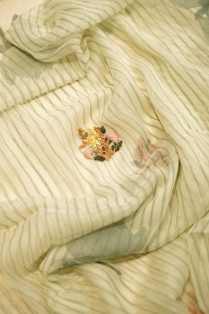 Cream Chinon Block Printed Suit with Hand Embroidery