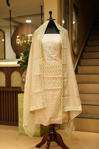 Off White Pure Mul Chanderi Block Printed Suit with Zari Embroidery