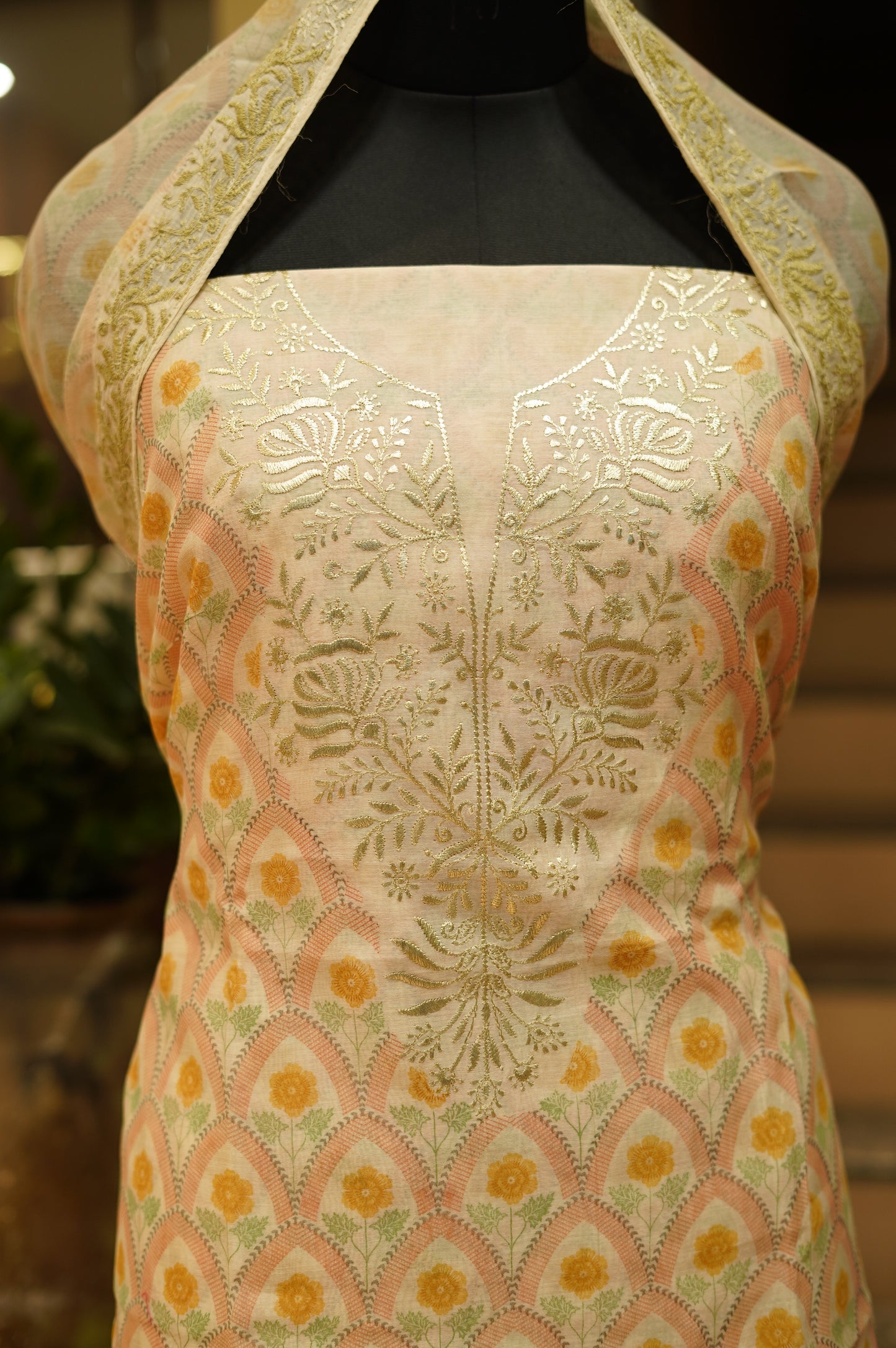 Off White Pure Mul Chanderi Block Printed Suit with Zari Embroidery
