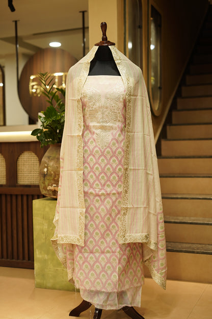 Off White Pure Mul Chanderi Block Printed Suit with Zari Embroidery