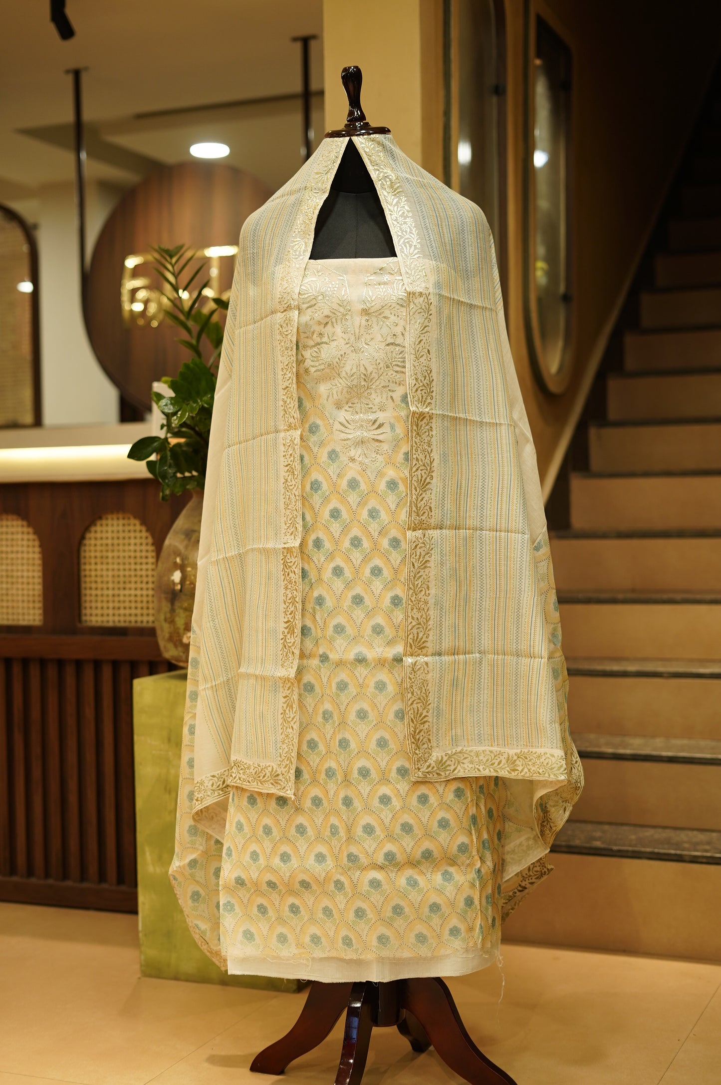 Off White Pure Mul Chanderi Block Printed Suit with Zari Embroidery