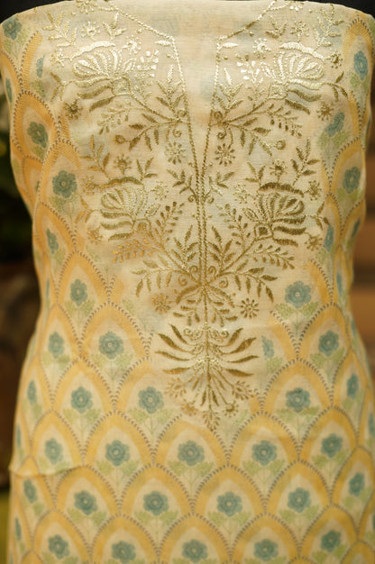 Off White Pure Mul Chanderi Block Printed Suit with Zari Embroidery