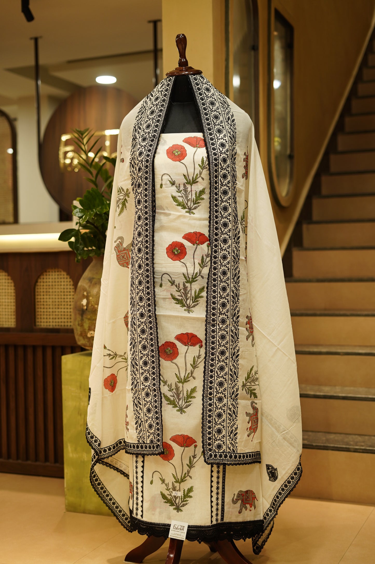 Off White Pure Mul Chanderi Block Printed Suit with Lace Work