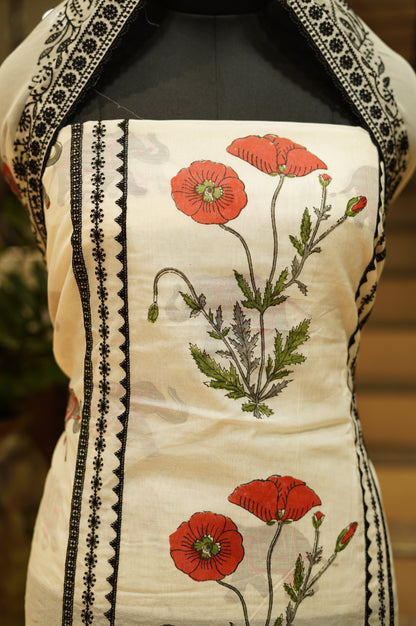 Off White Pure Mul Chanderi Block Printed Suit with Lace Work