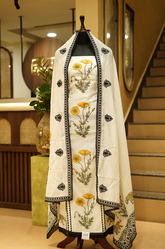 Off White Pure Mul Chanderi Block Printed Suit with Lace Work