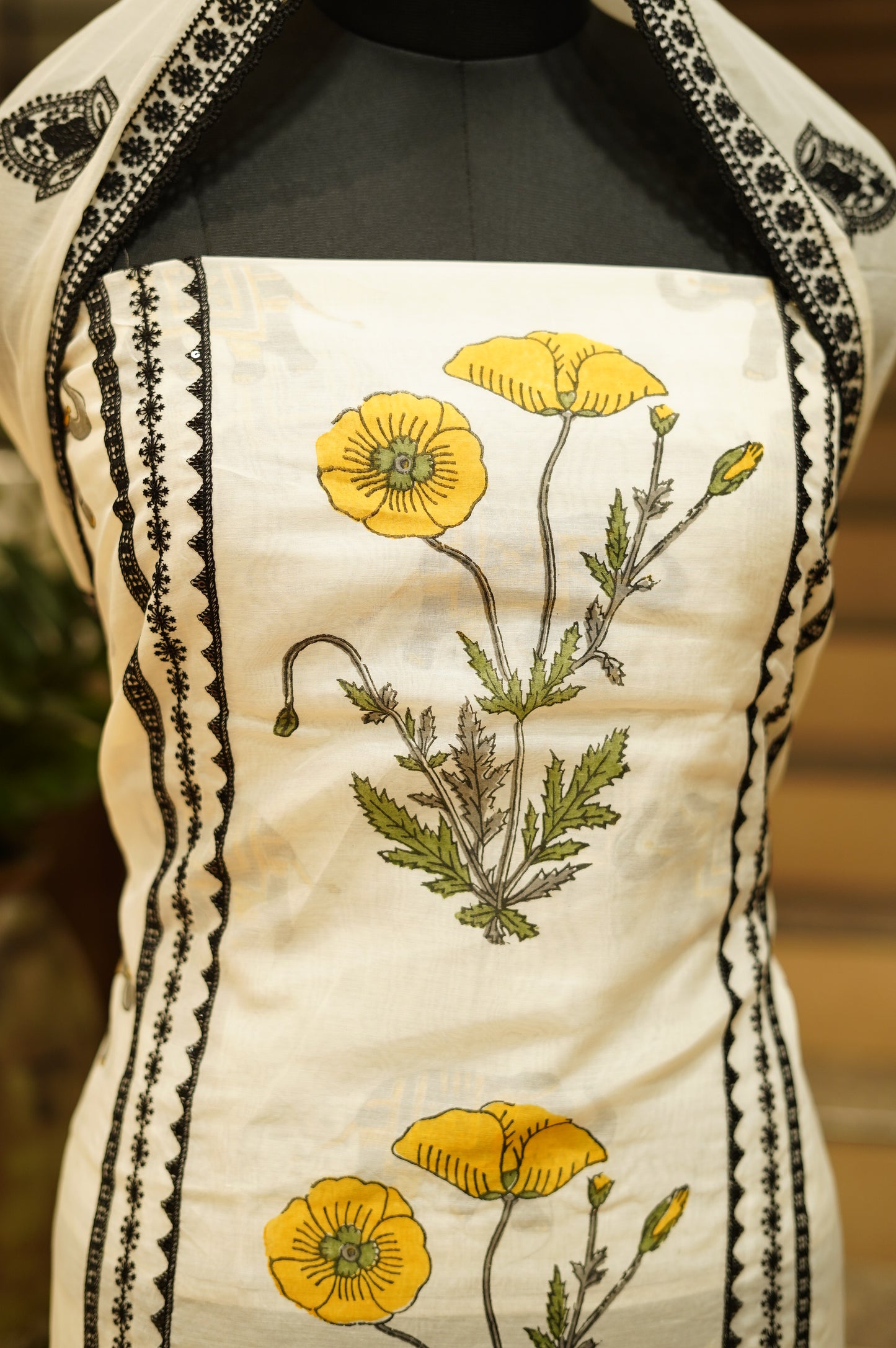 Off White Pure Mul Chanderi Block Printed Suit with Lace Work