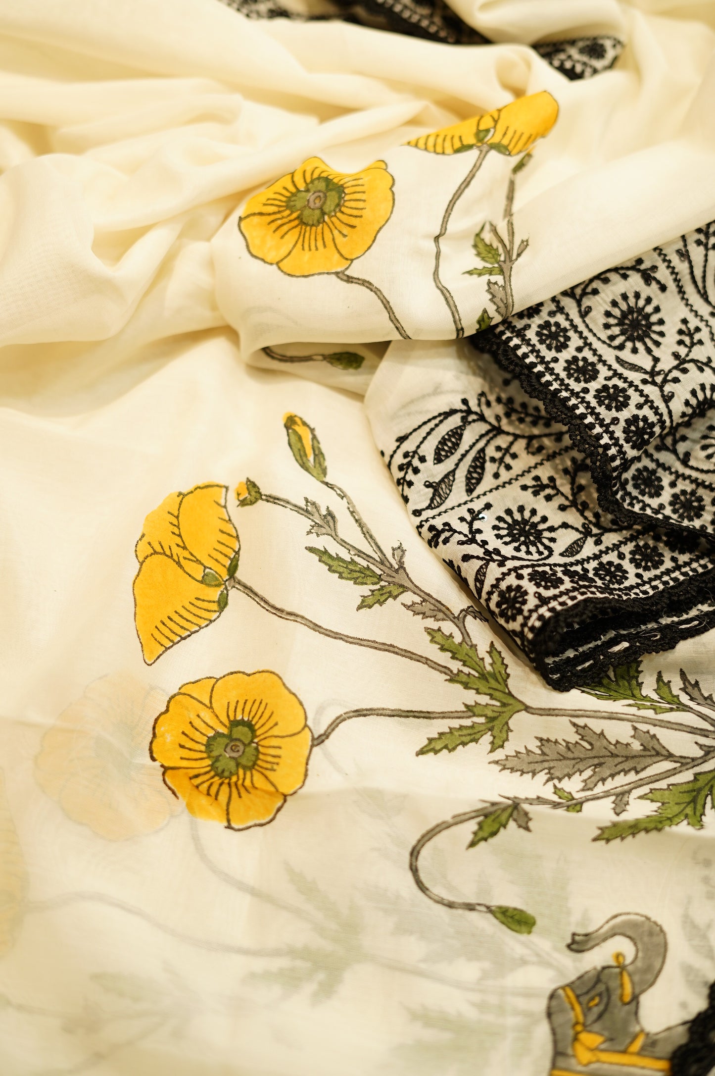 Off White Pure Mul Chanderi Block Printed Suit with Lace Work