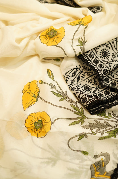 Off White Pure Mul Chanderi Block Printed Suit with Lace Work