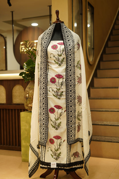 Off White Pure Mul Chanderi Block Printed Suit with Lace Work