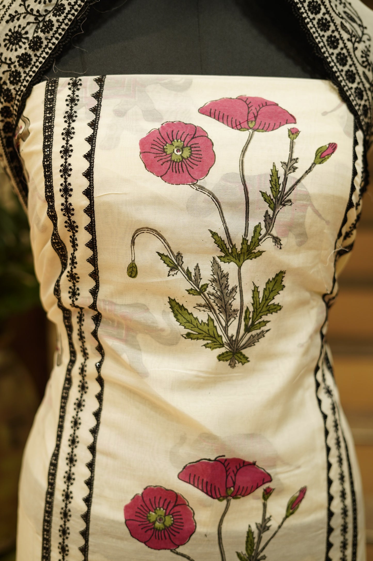 Off White Pure Mul Chanderi Block Printed Suit with Lace Work