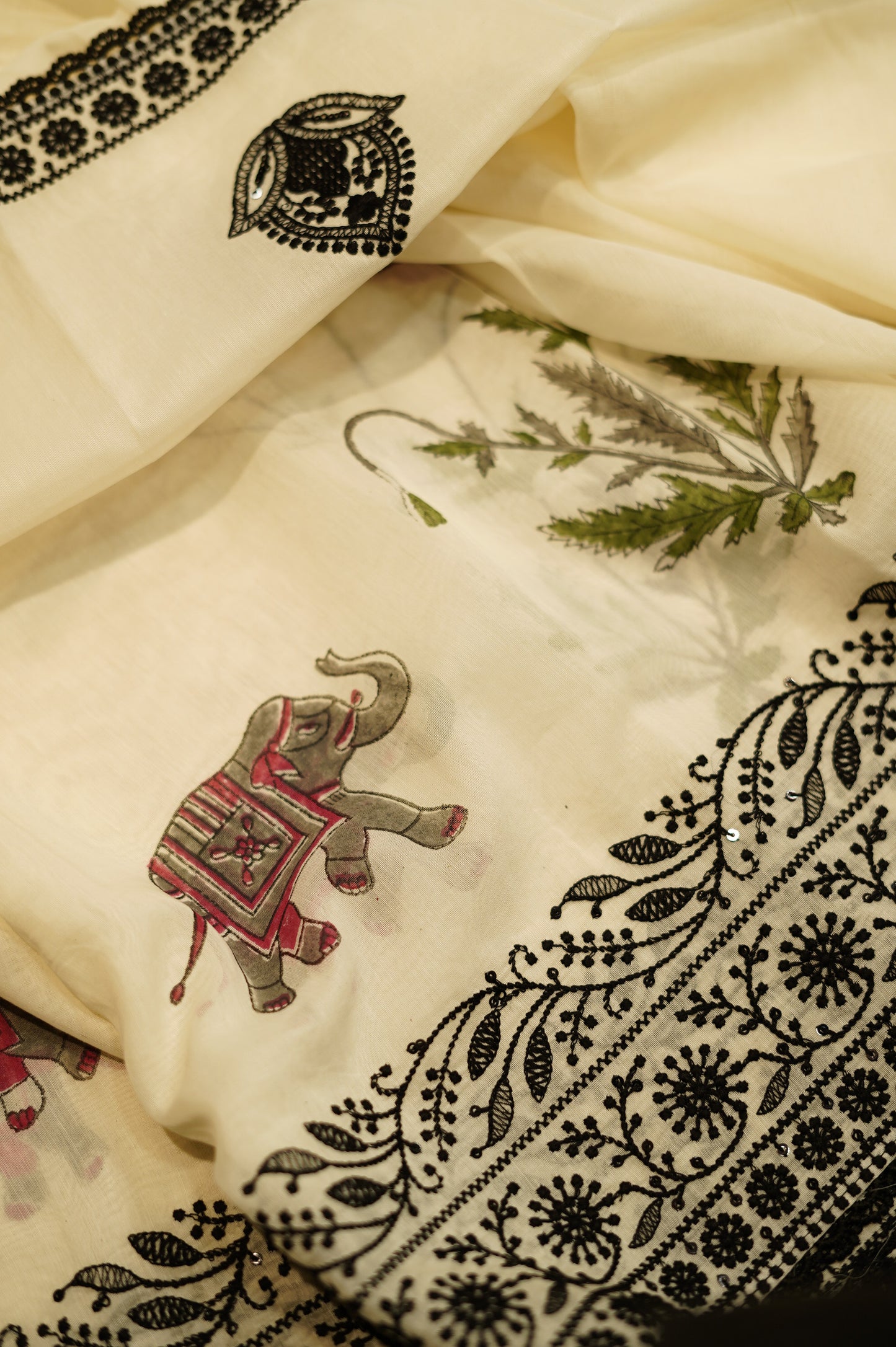 Off White Pure Mul Chanderi Block Printed Suit with Lace Work