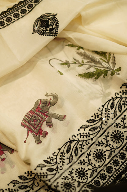 Off White Pure Mul Chanderi Block Printed Suit with Lace Work