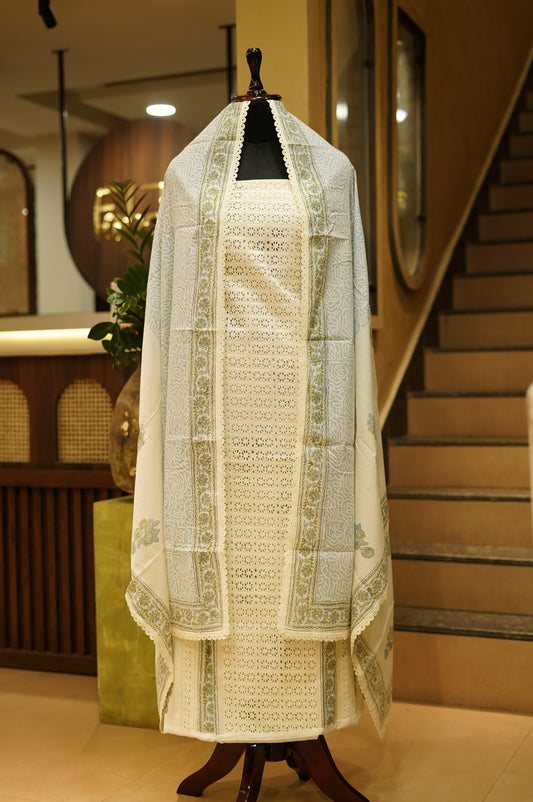 Pure Cotton Block Printed Suit with Cutwork