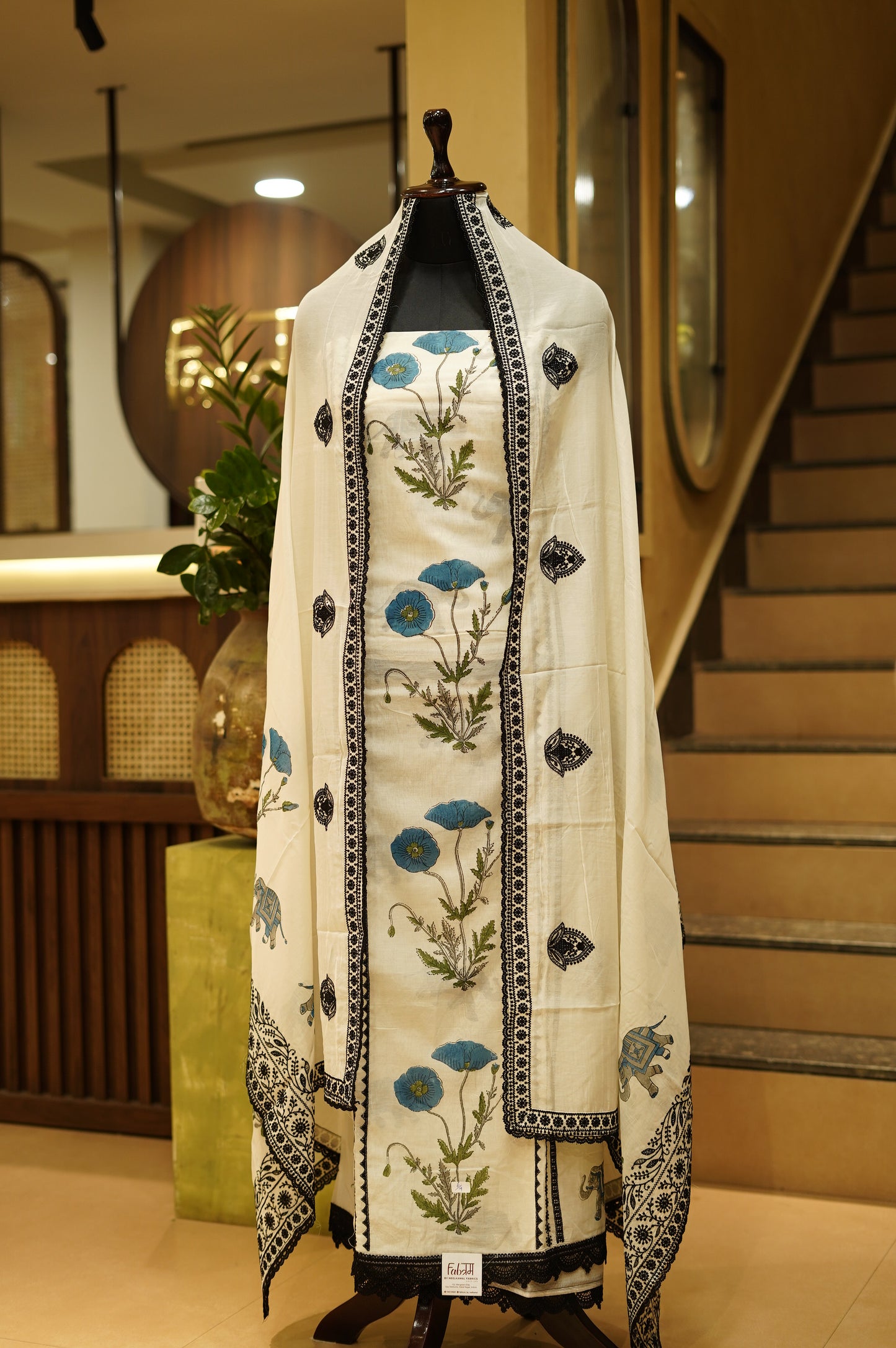 Off White Pure Mul Chanderi Block Printed Suit with Lace Work