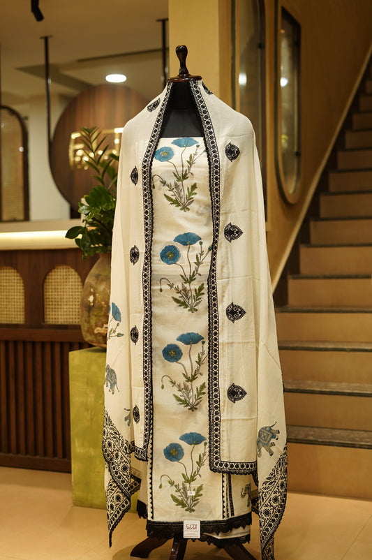 Off White Pure Mul Chanderi Block Printed Suit with Lace Work