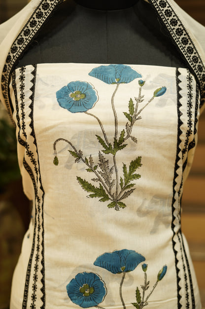 Off White Pure Mul Chanderi Block Printed Suit with Lace Work