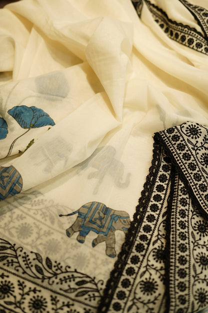 Off White Pure Mul Chanderi Block Printed Suit with Lace Work