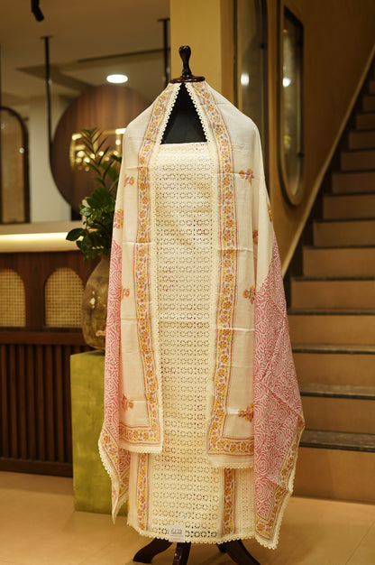 Pure Cotton Block Printed Suit with Cutwork
