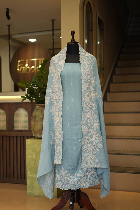 Blue Linen Suit with Coding Embroidery
