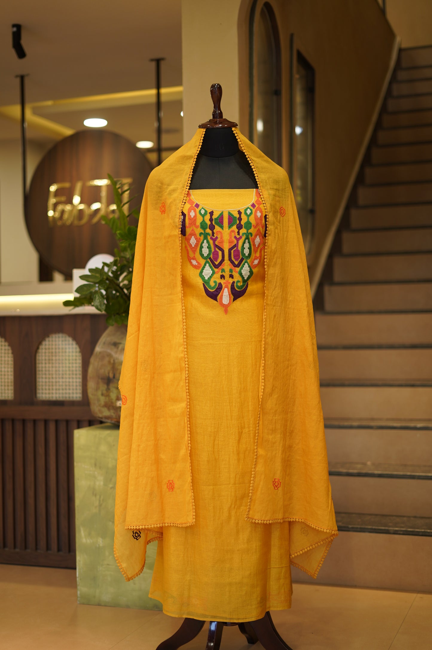 Yellow Mul Chanderi Suit with Applique Work