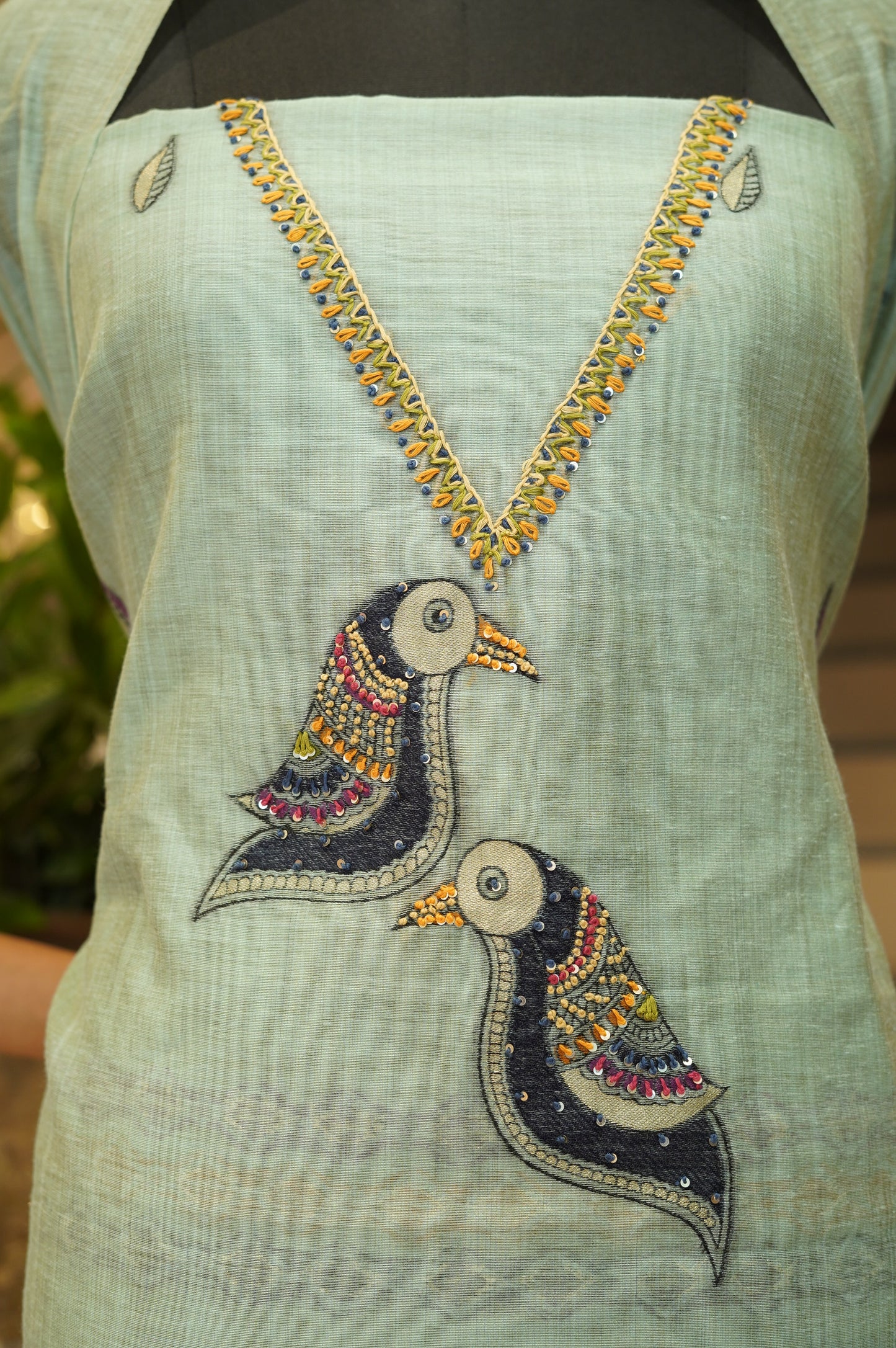 Green Jamdani Chanderi Suit with Handwork