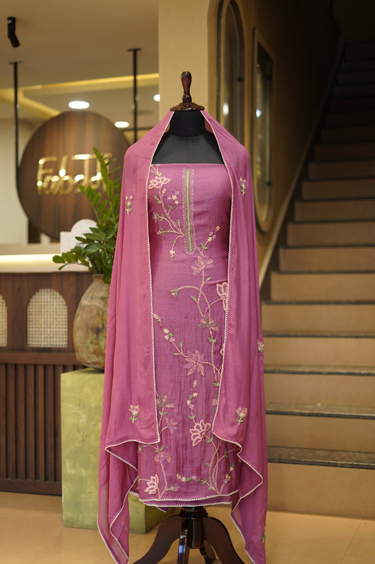 Wine Mul Chanderi Suit with Hand Embroidery