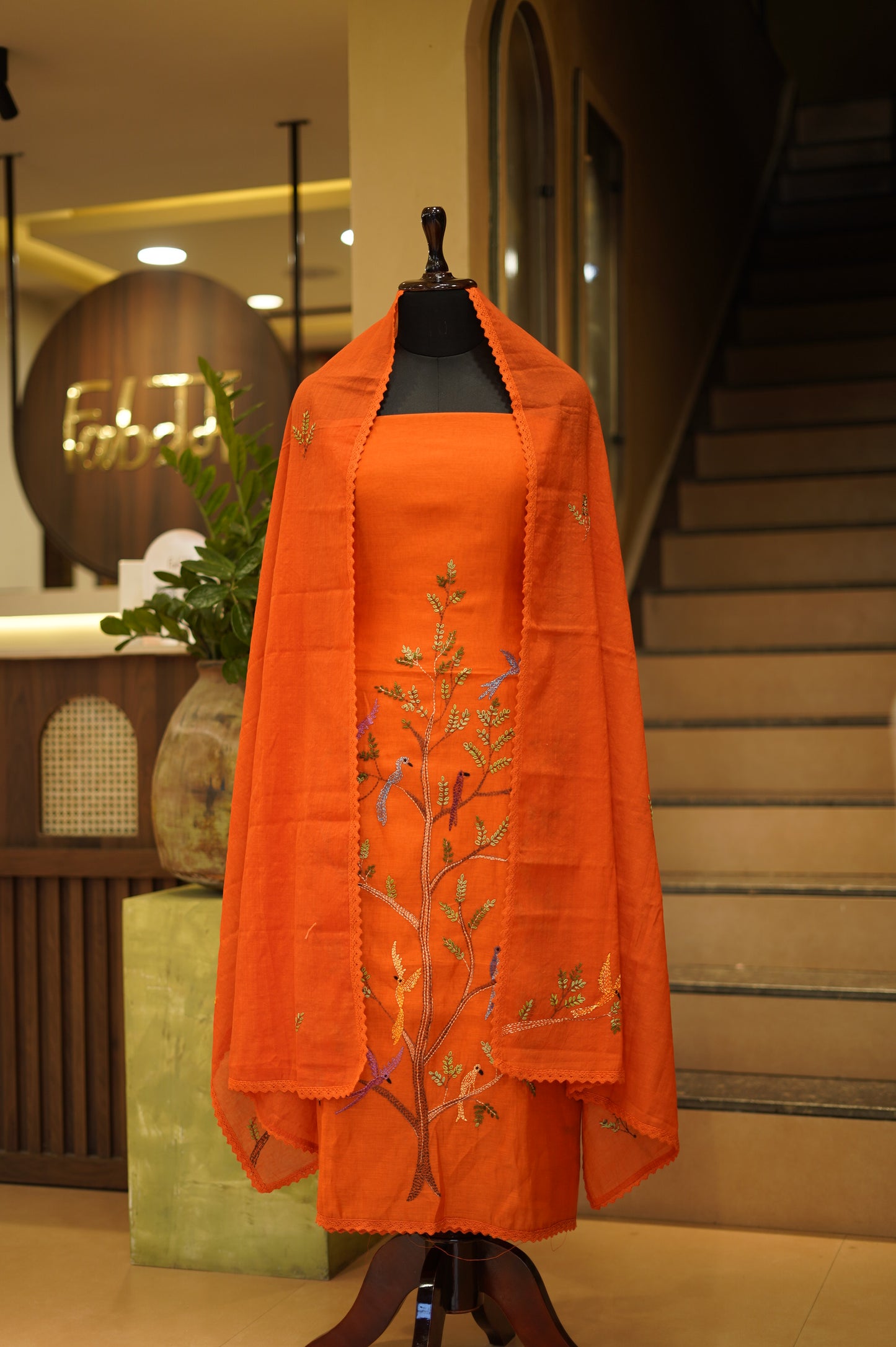 Orange Mul Chanderi Suit with Hand Katha Embroidery