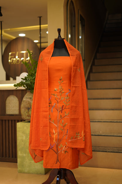 Orange Mul Chanderi Suit with Hand Katha Embroidery