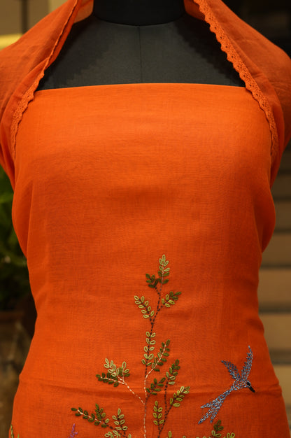 Orange Mul Chanderi Suit with Hand Katha Embroidery