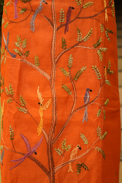 Orange Mul Chanderi Suit with Hand Katha Embroidery