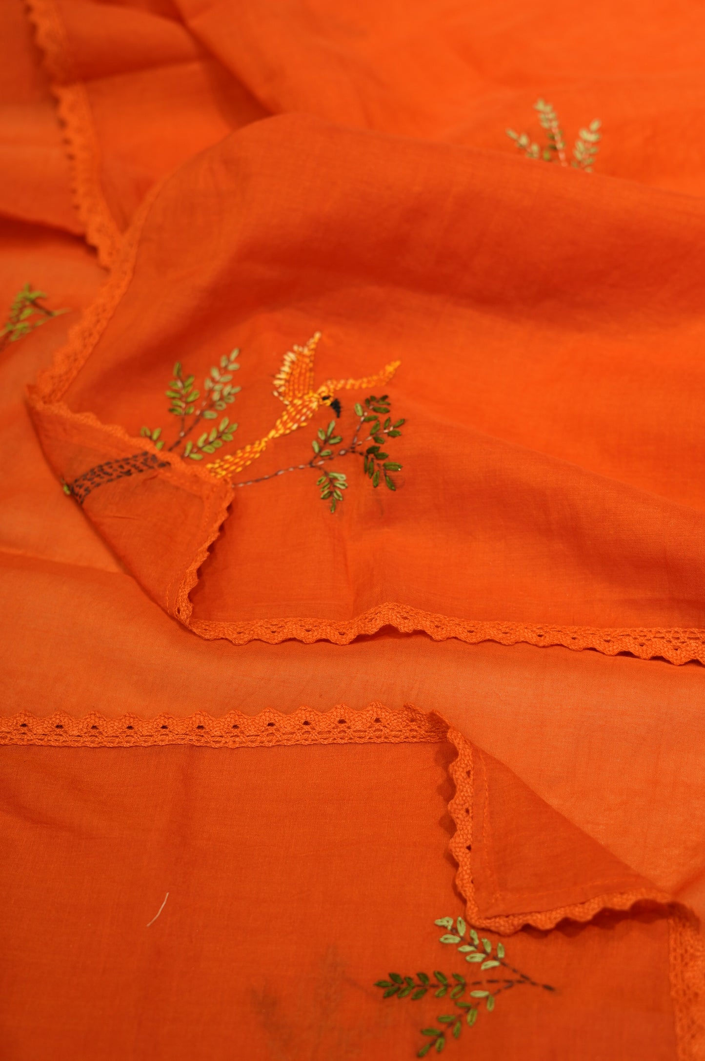 Orange Mul Chanderi Suit with Hand Katha Embroidery