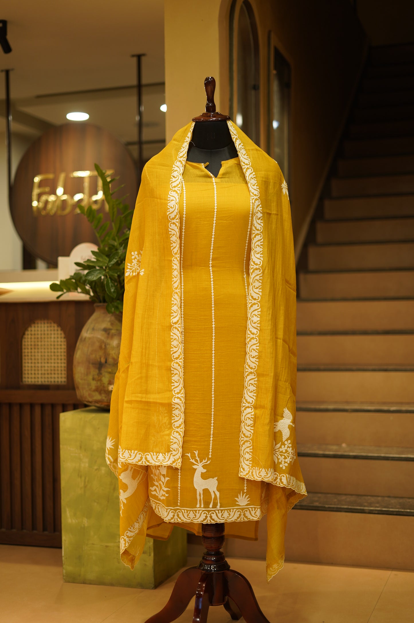 Mustard Mul Chanderi Suit with Applique Work